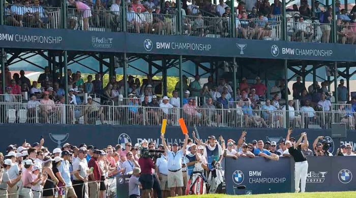 Matt Fitzpatrick watches his tee shot during the third round of the 2023 BMW Championship.